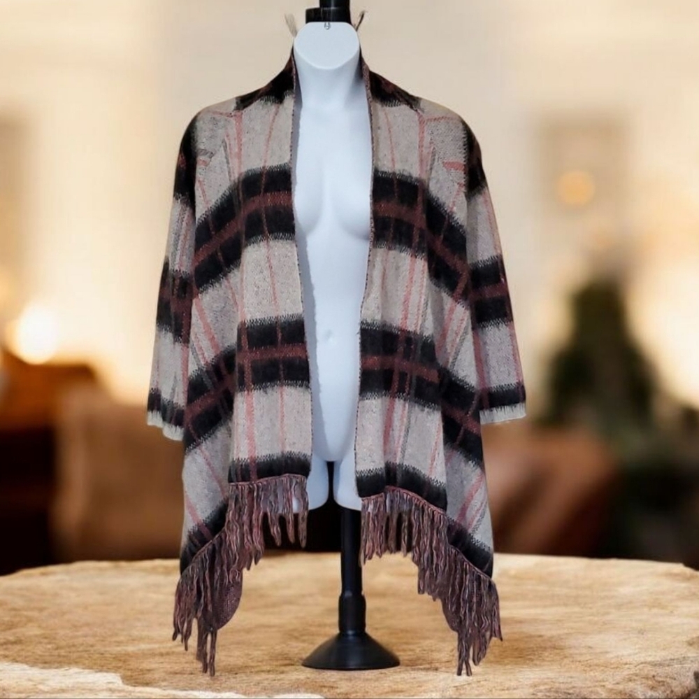 Lucky Brand Plaid Waterfall Fringe Open Front Cardigan Sweater